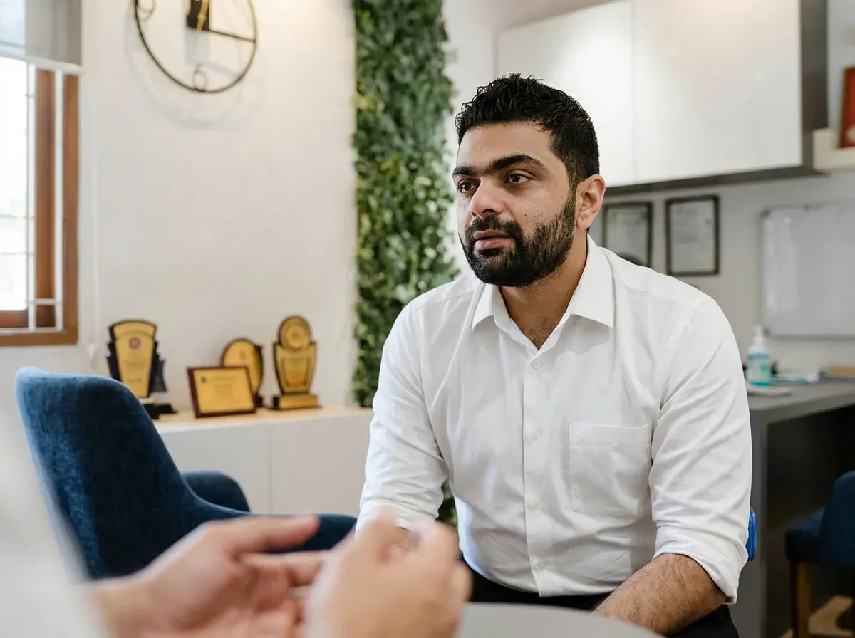 Dr Adip Shetty listening in his consultation room, the patient’s hands soft in the foreground.